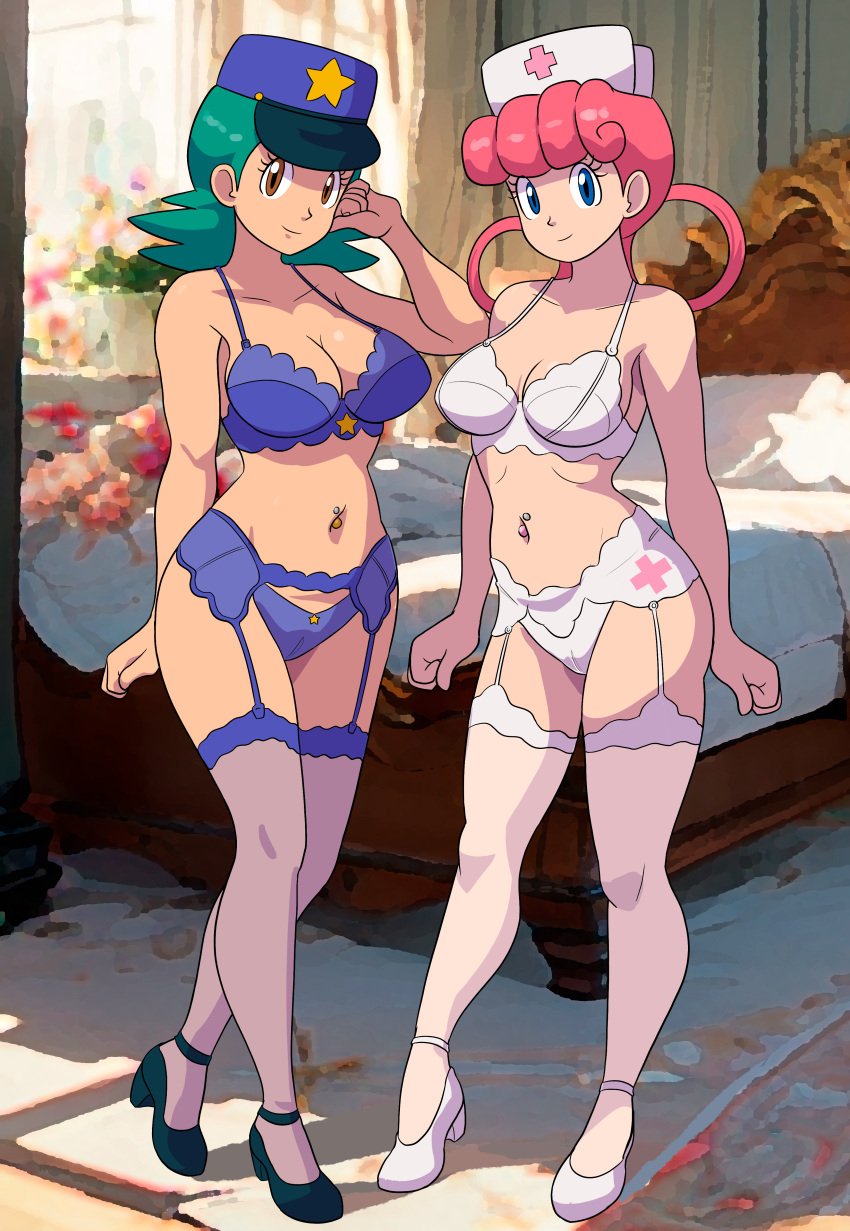 2girls breasts female females furboz lingerie navel_piercing nintendo nurse_joy officer_jenny_(pokemon) pokemon