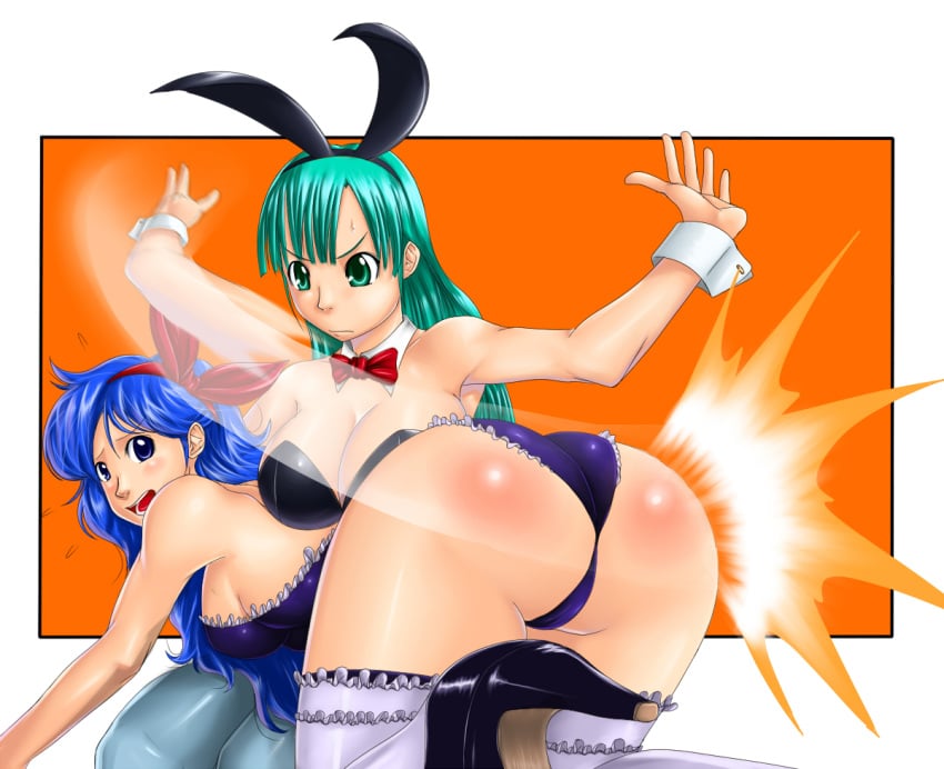 2girls all_fours angry aqua_eyes aqua_hair arm arm_up arms ass back bare_arms blue_eyes blue_hair blue_legwear blush body_blush bow bowtie breast_rest breasts bulma_(bunny) bulma_briefs bunny_costume bunny_ears bunny_girl bunnysuit busty cleavage color dat_ass detached_collar dragon_ball female female_only femdom femsub good_launch hair hair_ribbon hairbow high_heels human judge_martin large_breasts launch lingerie long_hair looking_at_another looking_back moaning multiple_females multiple_girls necktie open_mouth pantyhose purple_eyes reacting red_ass red_bow red_bowtie seductive sexually_suggestive shoes sideboob sitting spanked spanking stockings strapless teal_hair teenager teeth thighhighs turquoise_hair voluptuous wrist_cuffs yuri