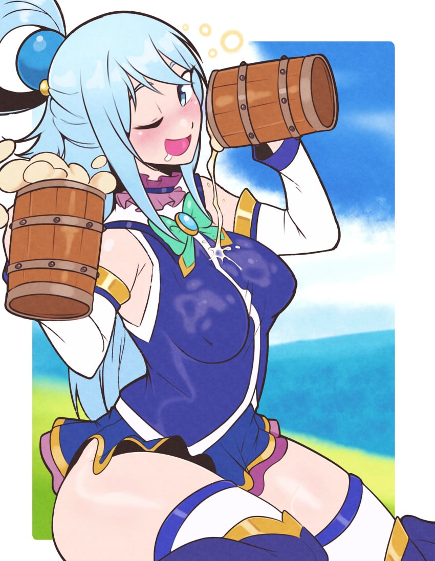 alcohol aqua_(konosuba) beer big_breasts blush breasts drooling drunk eye_closed female hi_res jeffmiga kono_subarashii_sekai_ni_shukufuku_wo! looking_at_viewer open_mouth shiny_skin spilled_drink thick_thighs thighs wet wet_clothes wink