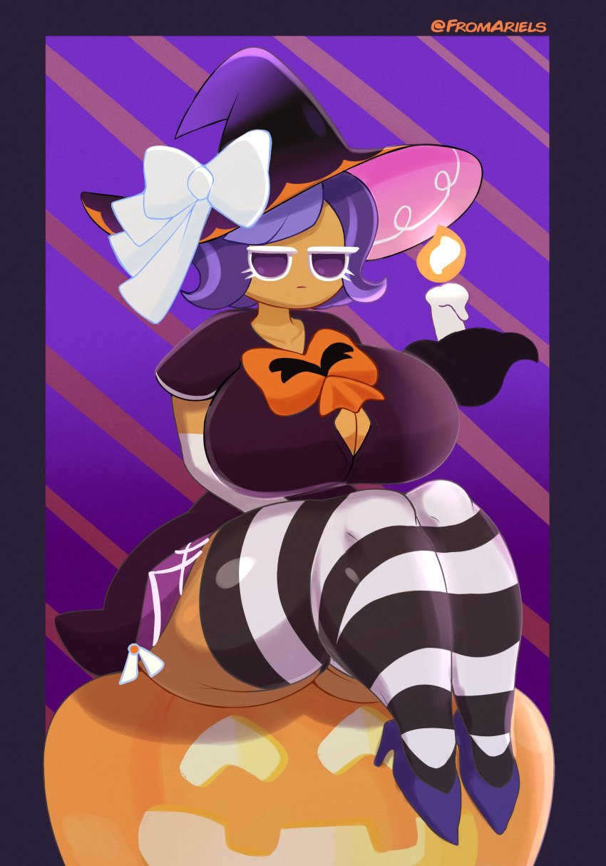 1girls big_breasts blackberry_cookie breasts cleavage cookie_run cookie_run_ovenbreak female_only fromariels halloween purple_eyes purple_hair simple_background solo tagme thick_thighs thighhighs voluptuous witch witch_hat