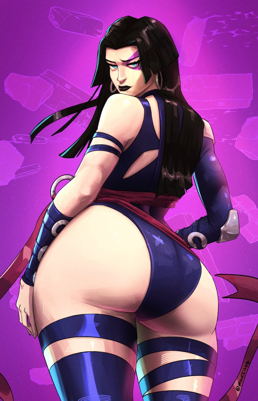 1girls artist_request ass ass_focus black_hair blue_eyes looking_back mackfitzg marvel marvel_rivals psylocke psylocke_(marvel_rivals) vengeance_psylocke