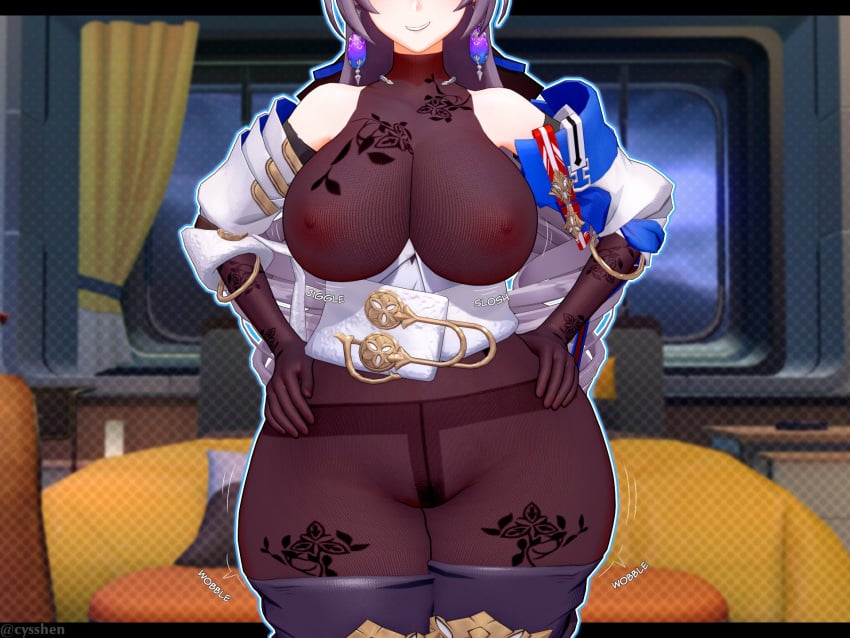 1girls areolae bare_shoulders big_breasts breasts bronya_rand busty clothing cyshen detached_sleeves drill_hair earrings female female_only gloves hand_on_hip honkai:_star_rail honkai_(series) large_breasts long_hair nipple_bulge nipples nipples_visible_through_clothing no_bra no_panties out_of_frame pantyhose parted_lips silver_hair smile solo thick_thighs thigh_boots thighhighs translucent_clothing twin_drills wide_hips