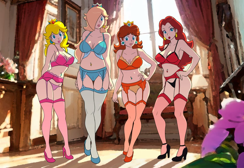 4girls black_panties blonde_hair blue_eyes bra breasts brown_hair crown furboz garter_belt garter_straps high_heels light_blue_bra light_blue_lingerie light_blue_panties lingerie long_hair mario_(series) navel_piercing nintendo orange_bra orange_lingerie panties pauline pink_bra pink_lingerie pink_panties princess_daisy princess_peach princess_rosalina red_bra red_lingerie thighhighs