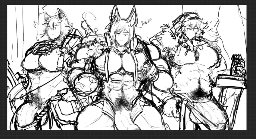 3boys black_and_white genshin_impact muscular pubic_hair tagme tighnari_(genshin_impact) wip