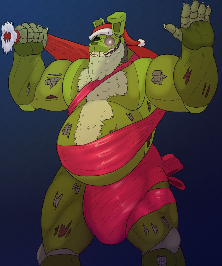 absurd_res animal_humanoid animatronic anthro beard body_hair bulge christmas christmas_clothing christmas_headwear clothed clothing detailed_bulge digital_media_(artwork) facial_hair five_nights_at_freddy's five_nights_at_freddy's_3 genital_outline hat headgear headwear hi_res holidays humanoid lagomorph leporid machine male mammal musclegut muscular muscular_anthro muscular_male nastybluepal penis_outline rabbit robot santa_hat scottgames simple_background smile solo springtrap_(fnaf) teeth