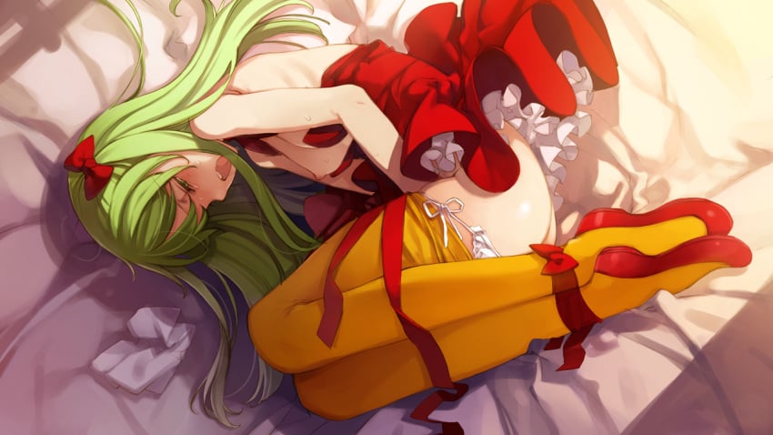 bed blush breasts eiyuu_senki game_cg green_hair marco_polo_(eiyuu_senki) masturbation nipples oyari_ashito wet