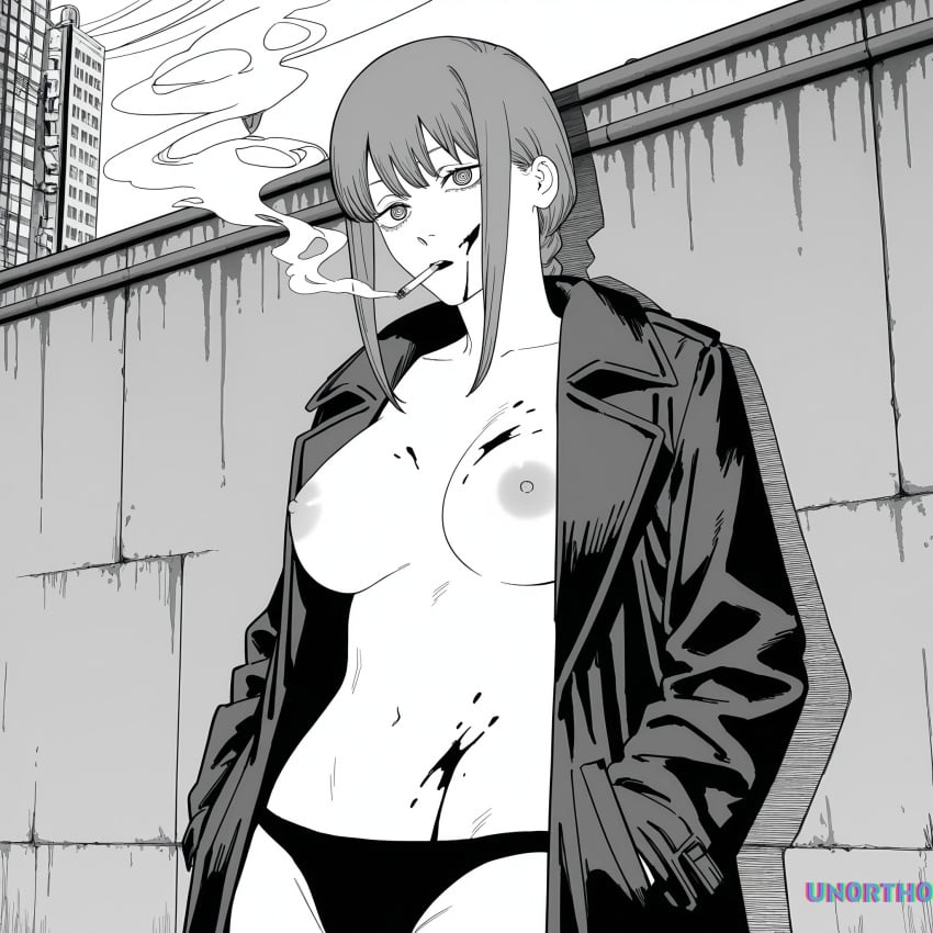 1girls ai_generated artist_logo artist_name big_breasts black_and_white black_coat black_panties blood blood_on_body blood_on_breasts blood_on_face chainsaw_man cigarette cigarette_in_mouth coat exposed_breasts hands_in_pockets hi_res leaning_against_wall leaning_back leaning_on_wall lit_cigarette long_hair makima_(chainsaw_man) manga manga_page manga_style nipples open_coat smoke smoking smoking_cigarette tagme un0rth0