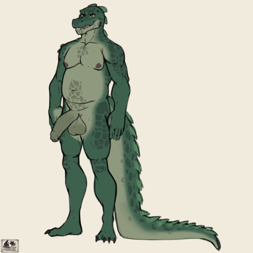 1:1 alligator alligatorid anthro balls claws crocodilian erection foreskin genitals hi_res humanoid_genitalia male mandofruit musclegut muscular pecs penis reptile scales scalie solo tail