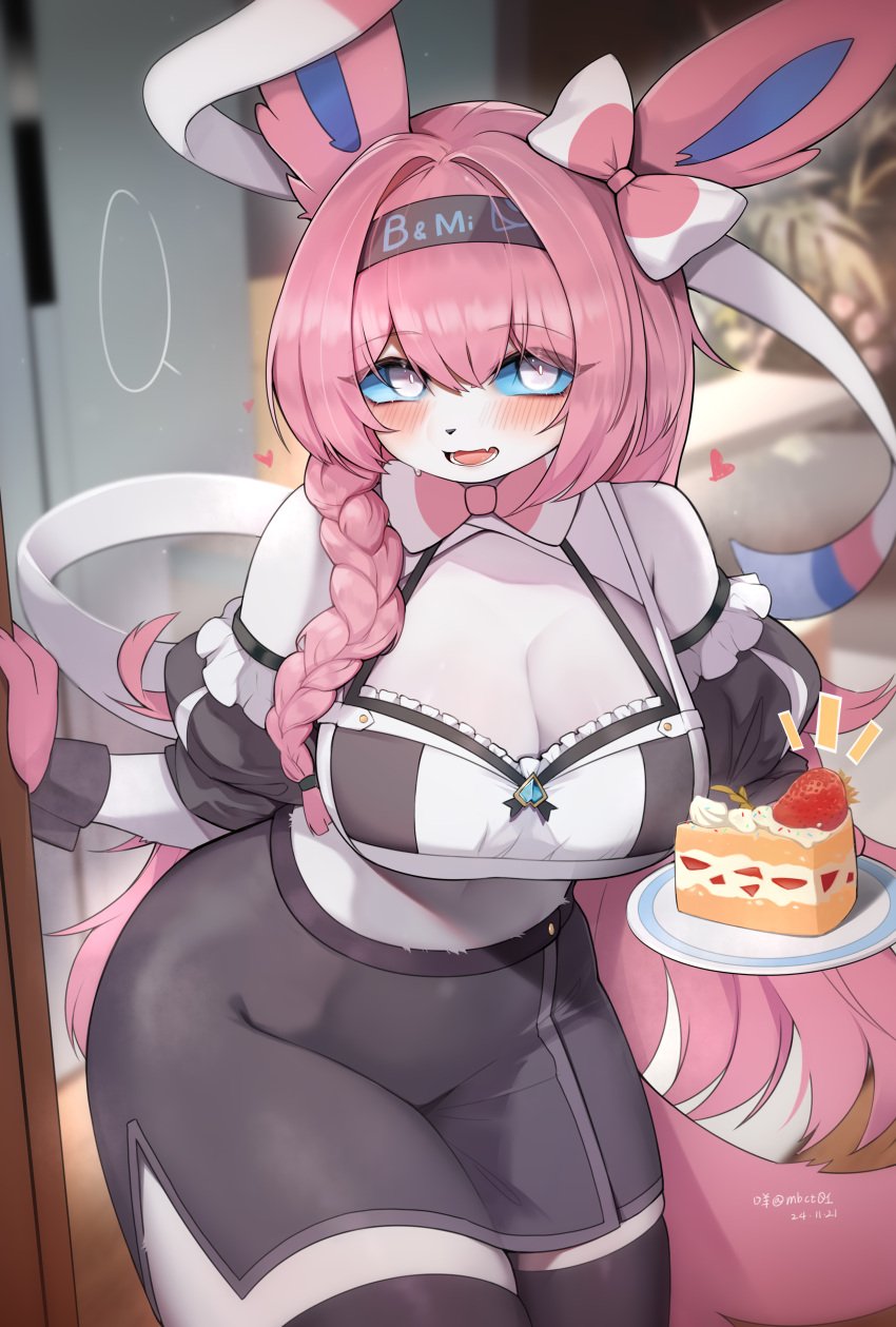 absurd_res absurdres animal_ears blue_eyes blush blushing cake eeveelution hi_res highres large_breasts mmbct01 nyaohha pink_hair pokemon pokemon_(species) ribbon sylveon thick_thighs thighhighs upper_body upscaled