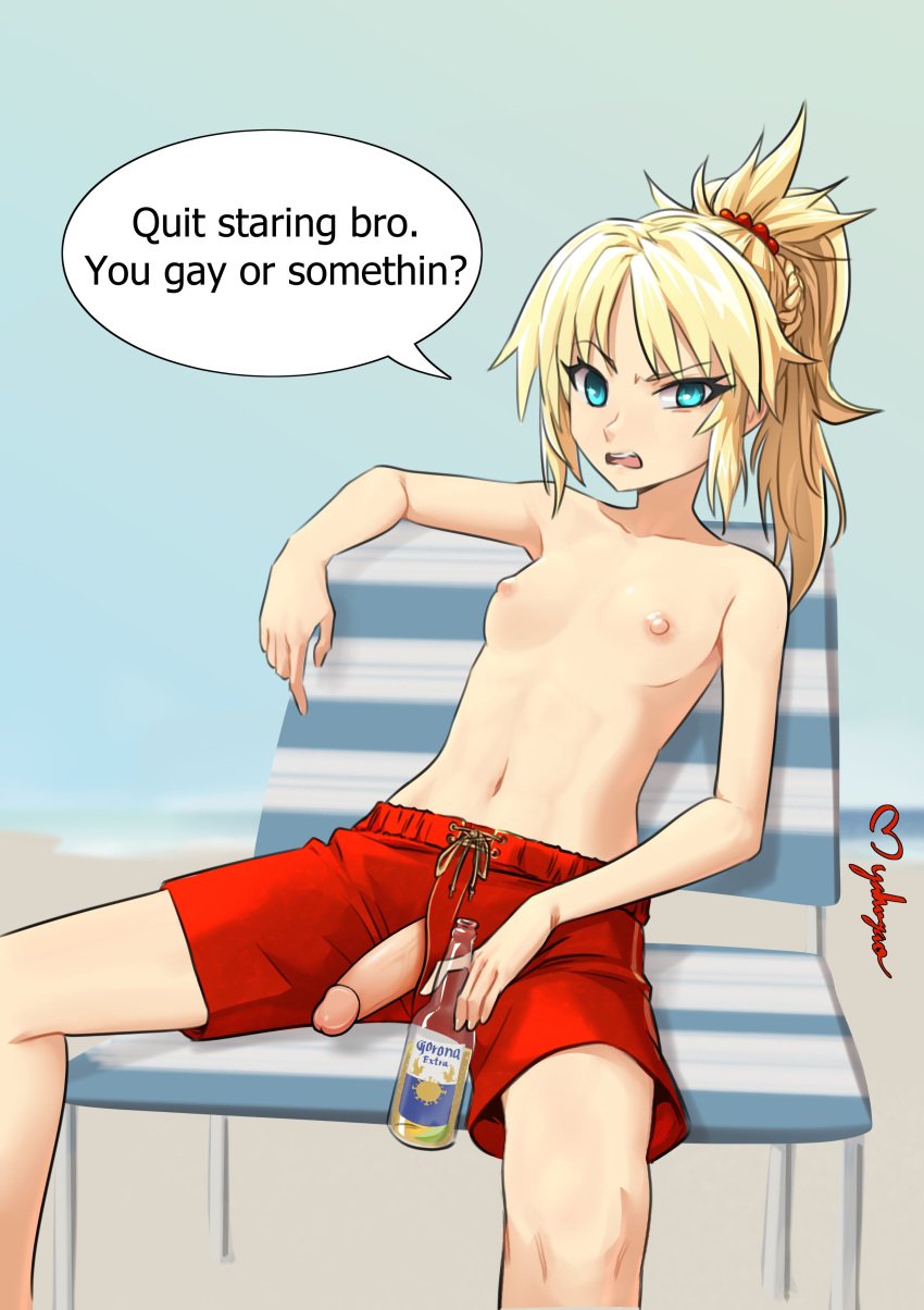 balls beer blonde_hair bottomwear casual clothing corona_(beer) dialogue fate_(series) female futa_only futanari human littlemedecine male_swimwear_challenge mens_swimsuit_challenge mordred_(fate) myahogao nipples pale_skin penis_through_zipper small_breasts solo swimsuit swimwear text topless