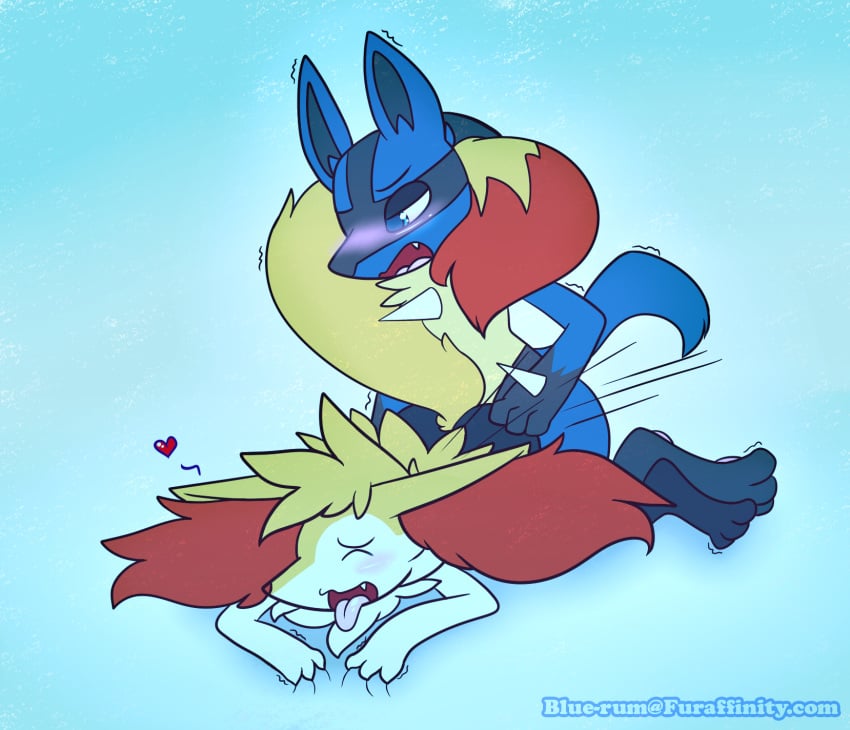 1boy all_fours ambiguous_gender anal anthro ass big_tail black_fur blue-rum blue_background blue_eyes blue_fur blush braixen canine chest_spike claws closed_eyes doggy_style duo fangs feet fluffy fluffy_tail fox furry half-closed_eyes hand_on_ass heart interspecies lucario male mammal nintendo no_nipples nude open_mouth pawpads paws pokemon pokemon_(species) pokemon_dppt pokemon_xy rear_view red_fur sex sheet_grab spikes spoken_heart tail tail_wrap teeth text tongue tongue_out trembling url video_games watermark white_fur yellow_fur