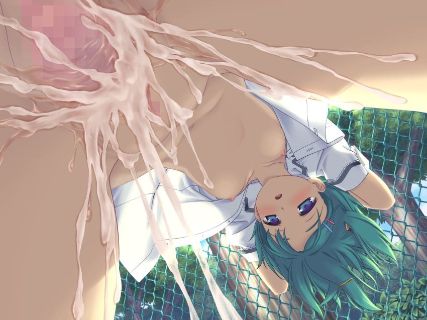 angel_wish blush breasts censored game_cg green_eyes green_hair kitami_sachi no_bra open_clothes open_shirt pussy_juice shirt short_hair vagina