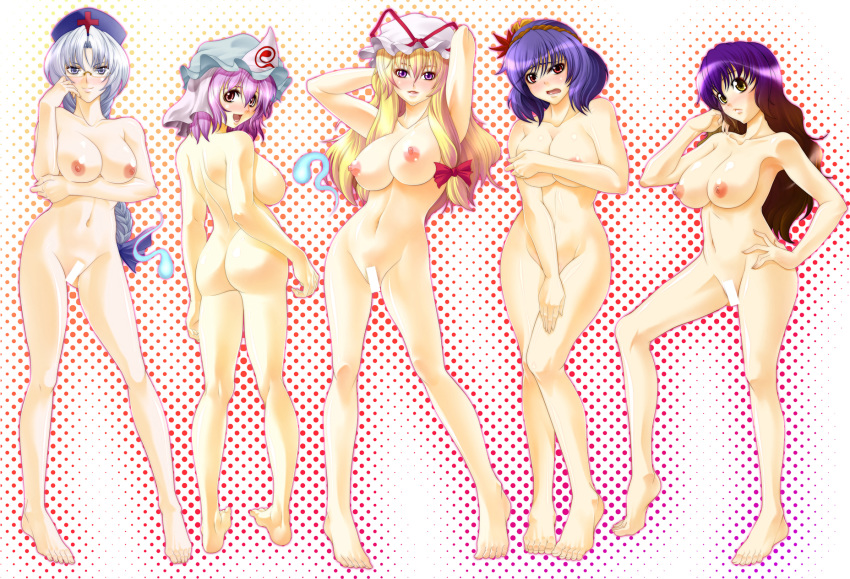 armpits ass back bare_shoulders barefoot blonde_hair blush braid breast_hold breasts censored covering covering_breasts covering_crotch eirin_yagokoro embarrassed eyewear feet female glasses gradient_hair hand_on_hip hat highres hijiri_byakuren hips kanako_yasaka large_breasts lineup long_hair looking_at_viewer multicolored_hair multiple_females navel nipples noir846 nude pink_eyes pink_hair posing purple_eyes purple_hair red_eyes short_hair silver_hair smile toes touhou very_long_hair yukari_yakumo yuyuko_saigyouji