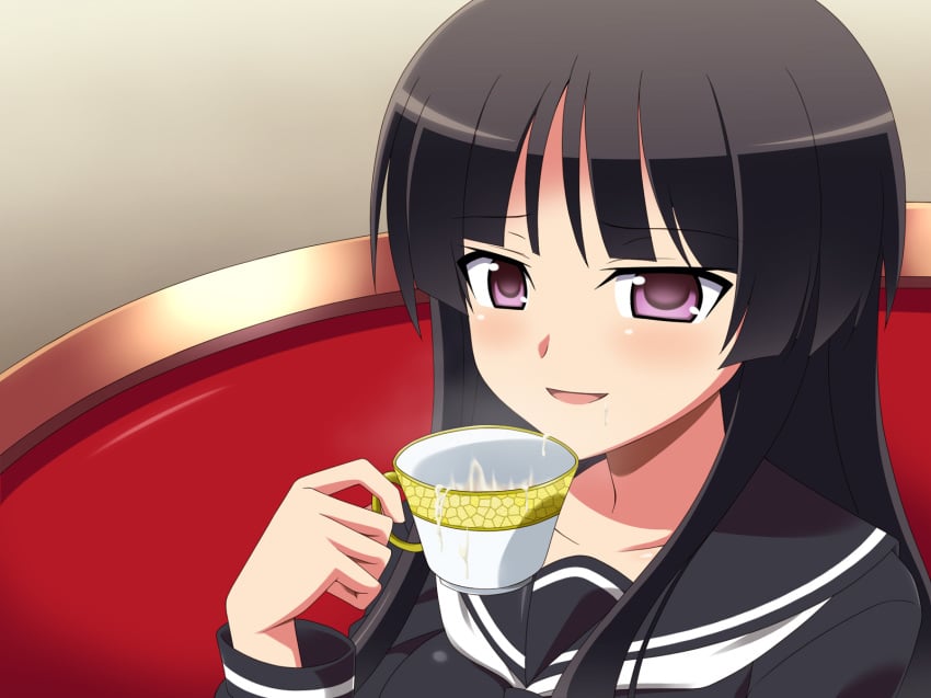 black_hair blush cum cum_in_container cum_in_cup gokkun highres long_hair miyamaya purple_eyes school_uniform smile teacup