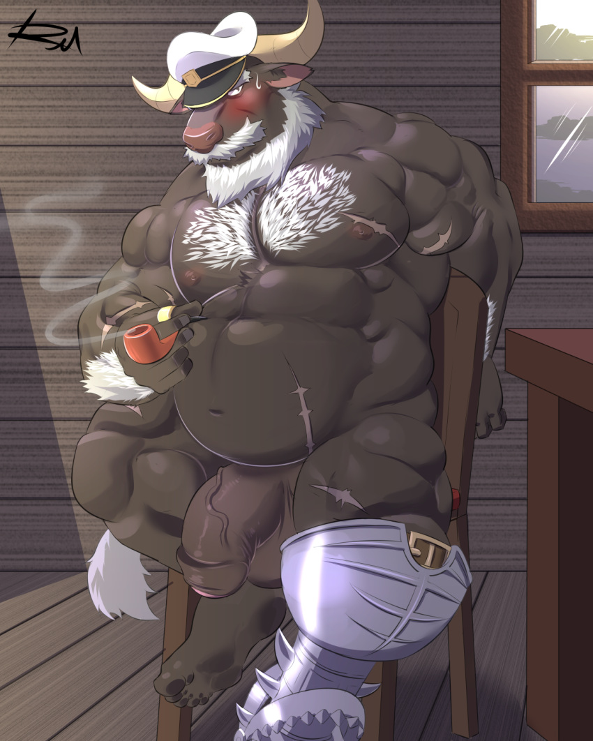 2018 5_fingers 5_toes ahab_(tokyo_afterschool_summoners) anthro arm_hair balls beard biceps big_balls big_penis blush body_hair bovine brown_fur cattle chest_hair facial_hair flaccid front_view fur hair hat horn humanoid_penis inside looking_at_viewer male male_only mammal moustache musclegut muscular muscular_male navel nipples nude partially_retracted_foreskin pecs penis prosthetic_legs reclamon scar sitting smoke smoking_pipe solo table toes tokyo_afterschool_summoners uncut vein veiny_penis white_hair