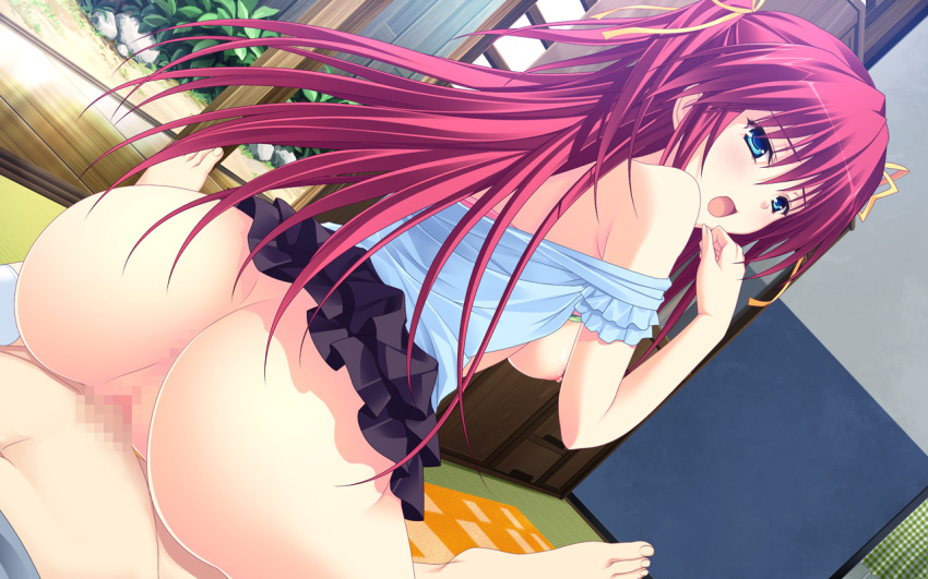 1boy 1girl :o aridome_mao ass back bangs bare_shoulders barefoot black_skirt blouse blue_eyes blush bottomless breasts breasts_out bush censored chest_of_drawers clenched_hand clothed_sex clothes_lift cowgirl_position curtains day feet fence frilled_shirt frilled_skirt frills from_behind game_cg girl_on_top hair_ribbon hand_to_own_mouth hand_up hetero indoors layered_skirt long_hair looking_at_viewer looking_back lying medium_breasts miniskirt mosaic_censoring navel nipples no_panties off_shoulder on_back open_clothes open_door open_mouth open_shirt peassoft penis plaid pleated_skirt porch pussy raised_eyebrows red_hair reverse_cowgirl_position ribbon rock rug sakurage_shibayuki sex sex_from_behind shibayuki shirt shirt_lift shouji sideboob skirt skirt_lift sliding_doors socks solo_focus spread_legs stone straddle straddling tatami tied_hair twintails two_side_up vaginal very_long_hair white_legwear white_shirt wooden_fence yamagami_kentarou yellow_ribbon zutto_tsukushite_ageru_no zutto_tsukushite_ageru_no!