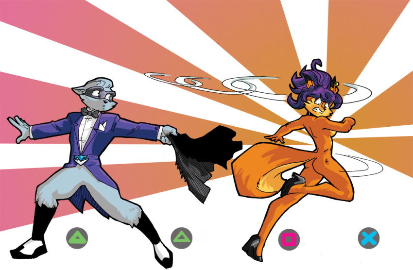 ass blue_hair bow_tie breasts canine carmelita_fox dancing ear_piercing female fox furry high_heels humor male mask oops piercing raccoon shoes sly_cooper sly_cooper_(series) smooth_fur socks spinning video_games