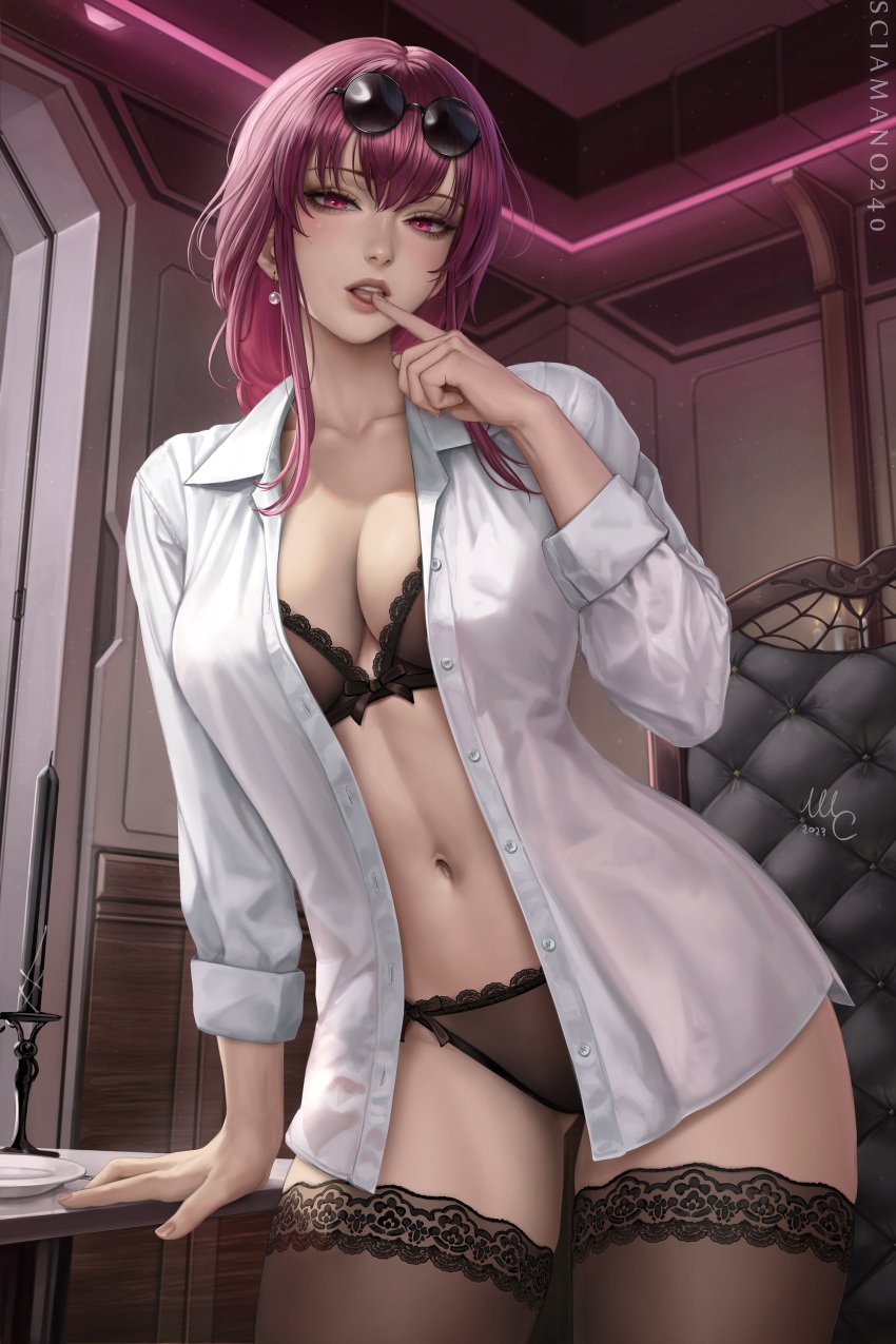 artist_name black_bra black_panties black_thighhighs bra breasts cg cleavage collarbone collared_shirt cowboy_shot earrings eyewear_on_head female finger_to_mouth honkai:_star_rail indoors jewelry kafka_(honkai:_star_rail) lace_trim large_breasts lingerie lips long_hair long_sleeves looking_at_viewer navel open_clothes open_shirt panties parted_lips patreon_username purple_eyes purple_hair round_eyewear sciamano240 shirt solo stomach sunglasses thighhighs thighs underwear white_shirt