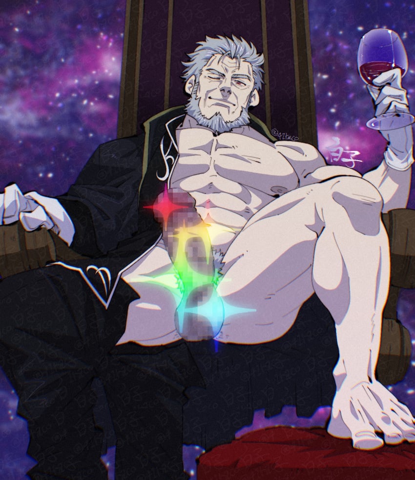 1boy abs bara bare_pectorals censored coat come_hither cup drinking_glass erection fate/strange_fake fate_(series) grey_hair highres kischur_zelretch_schweinorg large_pectorals male_focus mosaic_censoring muscular muscular_male nipples old old_man on_chair one_eye_closed open_clothes open_coat pectorals penis shirako_(kirupi) short_hair solo sparkle_censor thick_eyebrows throne wine_glass wrinkled_skin