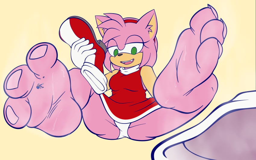 3_toes absurd_res alternate_version_at_source amy_rose anthro bodily_fluids d.kobayashisan duo extreme_size_difference feet female foot_fetish foot_focus foot_play hi_res macro male male/female micro sega size_difference soles sonic_the_hedgehog sonic_the_hedgehog_(series) stuck_to_foot sweat sweaty_feet toes