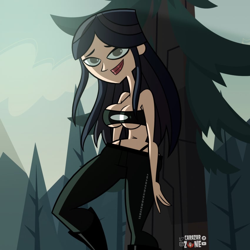 2d black_hair carazar_zone dark_eyes dark_hair disventure_camp female female_focus female_only forest forest_background goth goth_girl leaning_back leaning_on_object leaning_on_tree light-skinned_female long_hair panties panties_only pants pants_only smile smiling smiling_at_viewer tess_(disventure_camp) topwear white_woman