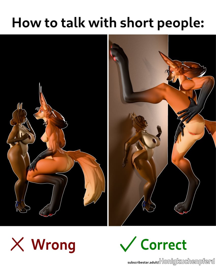 3d_(artwork) anthro anthro_on_anthro areola athena_(dayumboai) big_breasts big_ears breasts canid canine clothing deer digital_media_(artwork) duo english_text female fingers footwear genitals green_eyes hair hi_res high_heels honigkuchenpferd how_to_talk_to_short_people humanoid_genitalia long_ears long_legs mammal maned_wolf meme nipples nude pussy raised_leg shoes simple_background size_difference smile tail text