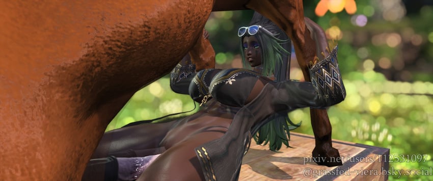 3d abs athletic_female black_hair choker dark-skinned_female dark_skin final_fantasy final_fantasy_xiv gpose(ffxiv) grassfed_viera green_eyes green_highlights holding_legs horse horsecock huge_breasts long_hair markings oc outdoors ponytail sunglasses sunglasses_on_head swimwear tattoo thrusting thrusting_into_pussy vaginal_penetration viera watermark zoophilia