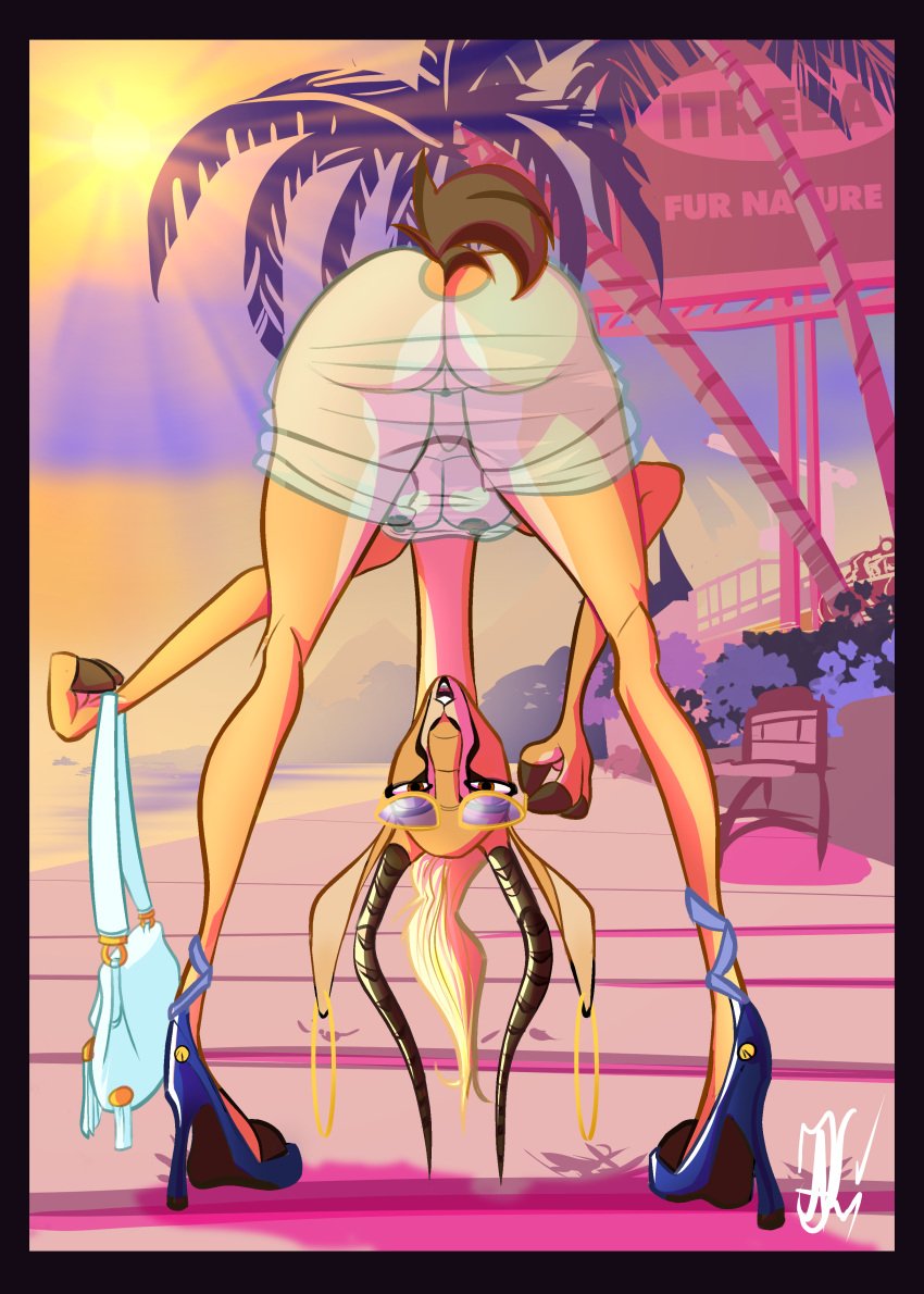 absurd_res antelope anthro ass ass_up auga beach bent_over blonde_hair bovid bright_colors brown_eyes caught_off_guard clothed clothing confusion covered_breasts disney dress ear_piercing ear_ring eyewear eyewear_on_head female footwear fur gazelle gazelle_(zootopia) glistening glistening_hair hair hi_res hooves horn jewelry looking_at_another looking_at_viewer looking_back looking_through looking_through_legs loose_hair mammal open_mouth orange_body orange_fur partially_clothed piercing public purse ring_piercing short_dress solo spread_legs spreading sunglasses sunglasses_on_head teal_clothing thick_thighs translucent translucent_clothing turquoise_clothing turquoise_dress undressing zootopia