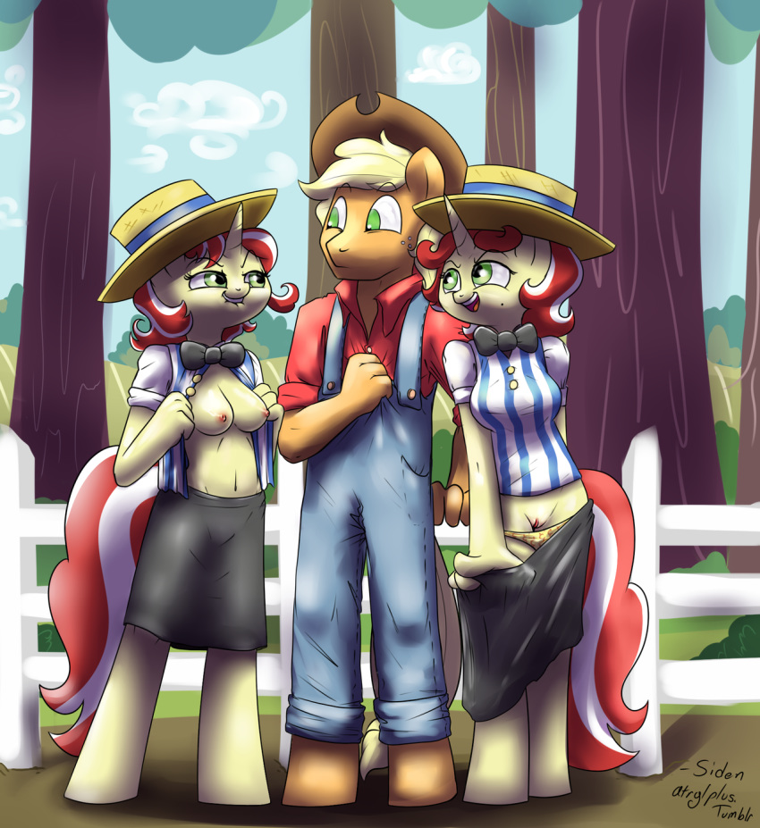 2girls applejack(male)_(mlp) applejack_(mlp) bow_tie breasts earth_pony equine female flam_(mlp) flim_(mlp) friendship_is_magic fur green_eyes hat male multiple_females my_little_pony pony pussy rule_63 siblings siden sisters smooth_skin twins