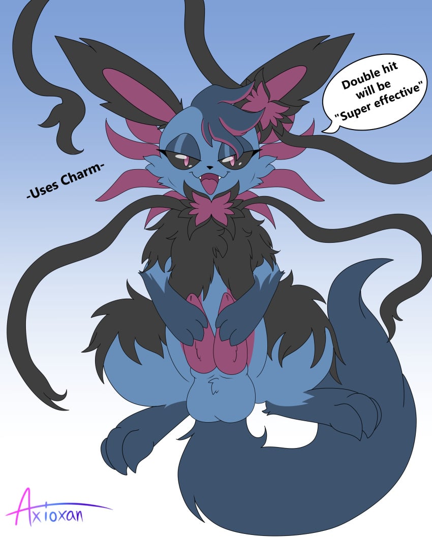 2_penises absurd_res axioxan balls big_balls big_ears black_body black_fur blue_body blue_fur canid canine charming claws digital_media_(artwork) diphallia diphallism eeveelution erection femboy feral fur generation_5_pokemon generation_6_pokemon genitals hair hi_res holding_penis hybrid hydreigon long_tail looking_at_viewer male mammal multi_genitalia multi_penis nintendo open_mouth penis pokemon pokemon_(species) ribbons simple_background smile solo sylveon tail text tongue