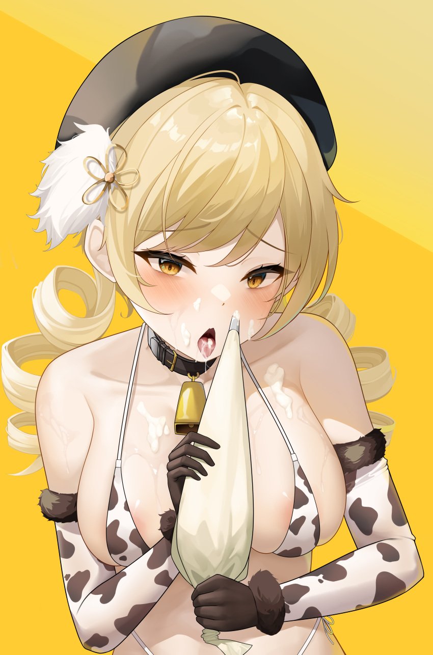 absurdres animal_print beret bikini blonde_hair blush breasts cow_print cow_print_bikini cream cream_in_mouth cream_on_body cream_on_breasts cream_on_face drill_hair drooling fellatio female food food_in_mouth food_on_body food_on_breasts food_on_face hat highres holding holding_food holding_pastry_bag large_breasts long_hair looking_at_viewer mahou_shoujo_madoka_magica mahou_shoujo_madoka_magica_(anime) oral pastry_bag print_bikini saliva simple_background simulated_bukkake simulated_fellatio solo suggestive_fluid sweat swimsuit tomoe_mami tongue tongue_out twin_drills upper_body whipped_cream yellow_eyes