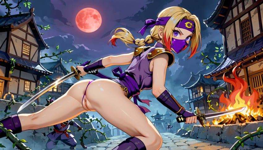 ai_generated anus anus_peek ass ass_focus asshole battle before_anal before_oral before_rape before_sex blonde_female blonde_hair blonde_hair_female fight kunoichi kunoichi_nina legs legwear ninja ninja_girl original_character panties pose purple_eyes purple_outfit purple_panties purple_shoes purple_thong pussy terror139 thighhighs thighs thong vagina war white_skin