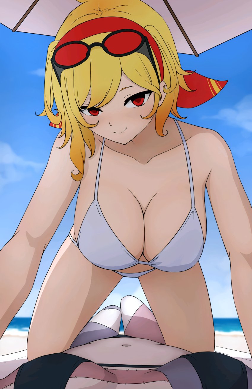 art_request bandana bandana_on_head beach beach_background belly belly_button bending_down big_breasts bikini black_bikini black_bra black_panties black_swimsuit black_swimwear blue_sky breasts daydarion_(artist) goggle goggles goggles_on_head gradient_hair hololive hololive_indonesia hololive_indonesia_holoh3ro hololive_indonesia_holoro kaela_kovalskia kureiji_ollie light-skinned_female light_skin ocean pov pov_eye_contact pov_female red_bandana red_eyes red_goggles slim_body smile smiling smiling_at_partner smiling_at_viewer summer sunny swimsuit swimwear unbrella virtual_youtuber vtuber vtuberfanart vtubers white_bikini white_bra white_panties white_swimsuit white_swimwear yellow_hair zombie zombie_girl