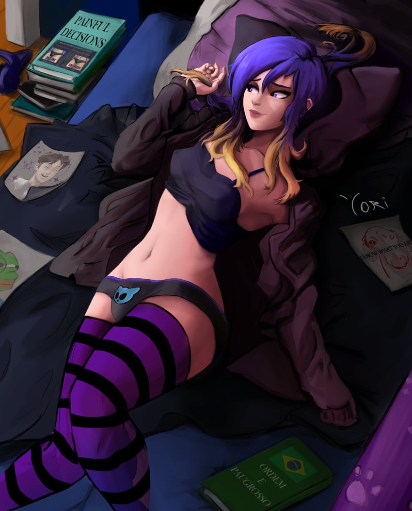 1girls 2025 2d 2d_(artwork) bed bed_sheet bedroom blue_hair clothed clothing digital_drawing_(artwork) digital_media_(artwork) eve_(summertime_saga) female female_focus female_only laying_down laying_on_bed legwear light-skinned_female light_skin on_bed panties petite petite_body petite_female pillow pose posing seductive seductive_pose striped_legwear summertime_saga tank_top teenage_girl teenager thigh_highs thighhighs two_tone_hair underwear watermark yorishiriamori