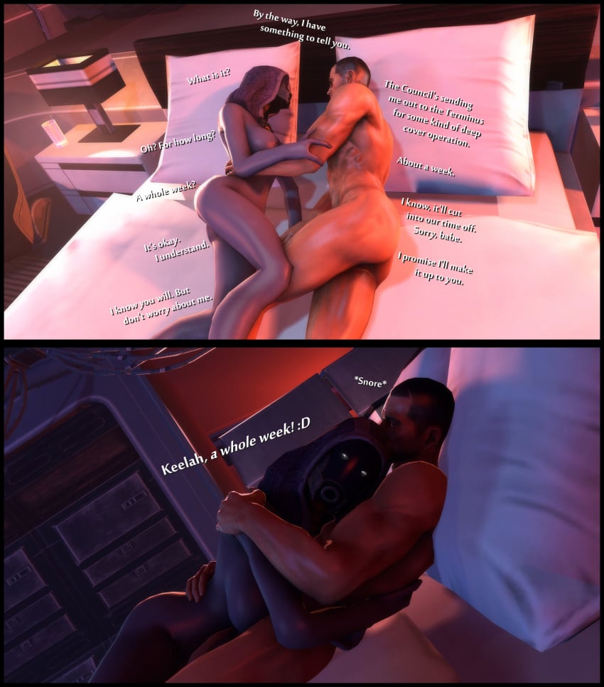 3d alien_girl ass breasts cheating commander_shepard covered_penis covered_pussy foab30 hugging human laying_on_bed mass_effect muscular_male nude_female quarian sleeping tali'zorah_nar_rayya