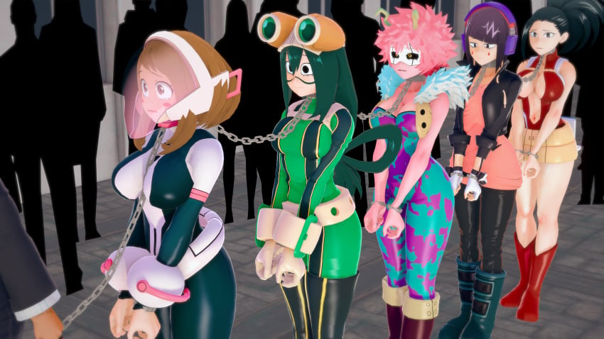 5girls black_hair captured captured_heroine captured_superheroine chain_gang chained_together chains cuffs frog_girl handcuffs hero_outfit_(mha) heroine heroine_in_trouble koikatsu koikatsu_(medium) kyoka_jiro kyoka_jiro_(hero_outfit) kyosuke(3d) lineup mina_ashido momo_yaoyorozu momo_yaoyorozu_(hero_outfit) multiple_girls my_hero_academia ochako_uraraka ochako_uraraka_(hero_outfit) pink_hair slave slavegirl slaves tsuyu_asui tsuyu_asui_(hero_outfit) walking worried worried_expression