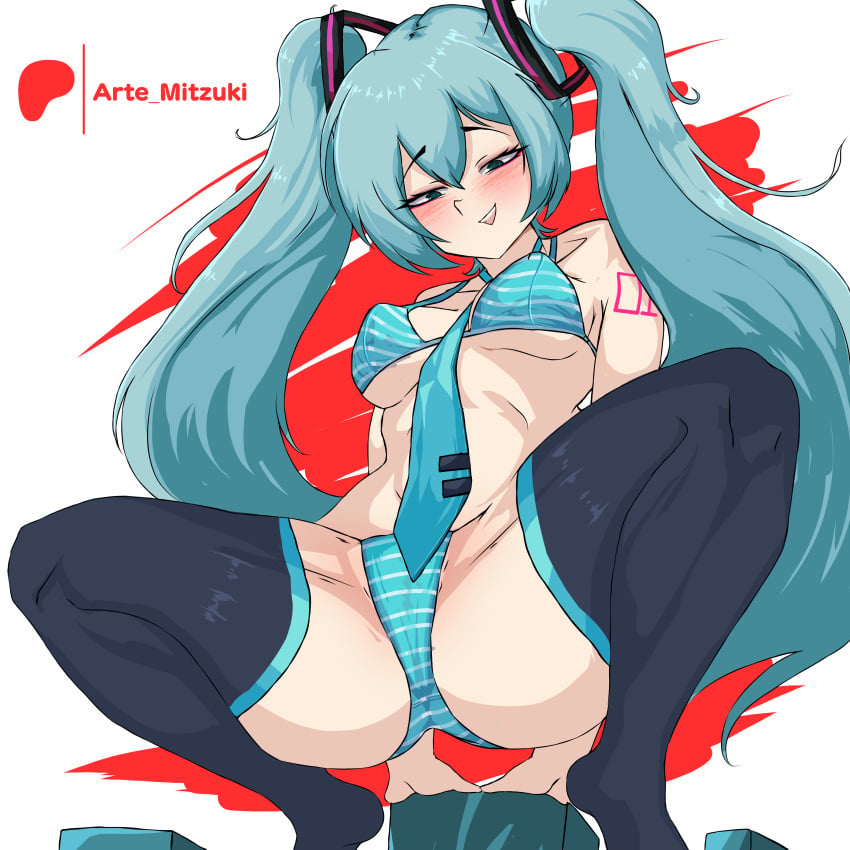 1girls bikini breasts female female_only female_solo hatsune_miku long_hair skirt skirt_only smug solo solo_female solo_only squatting striped_bikini tagme thighhighs_removed twintails vocaloid zeddarts