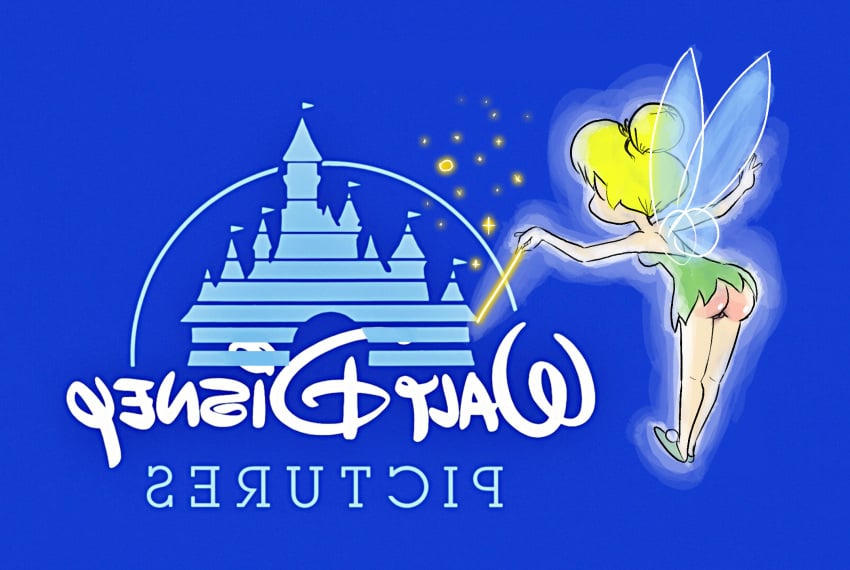 2d ass ass blonde_female blonde_hair blue_background booty bottomless bottomless_female castle disney dress fairy fairy_wings female female_focus female_only hair_bun hotdiggedydemon hotdiggedydemon_(artist) logo partially_naked partially_naked_female partially_nude partially_nude_female peter_pan peter_pan_(disney) pointy_ears rosy_butt skirt text tinker_bell