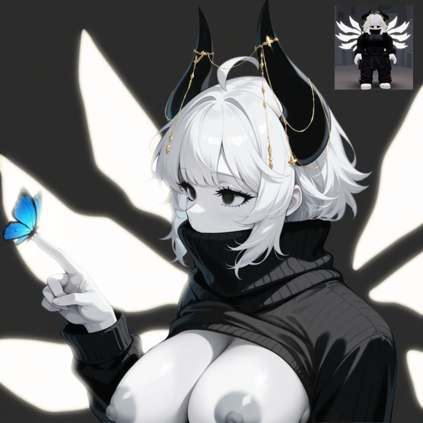 ai_assisted ai_generated black_background black_eyes breasts butterfly close-up female_focus glowing_wings horns knightnyan long_sleeves mouth_covered nipples roblox short_hair side_view sweater white_hair white_skin wide_hips