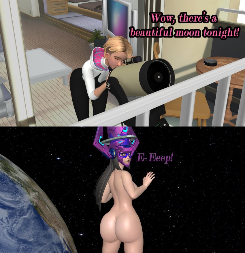 2girls 3d ass big_ass big_booty big_butt booty earth embarrassed embarrassed_nude_female enf female female_focus female_only galacta giantess giga_giantess gwen_stacy looking_at_ass looking_back marvel marvel_comics naked naked_female nude nude_female planet sideboob space spider-gwen spider-man:_into_the_spider-verse spider-man_(series) telescope vodkthulhu-3d