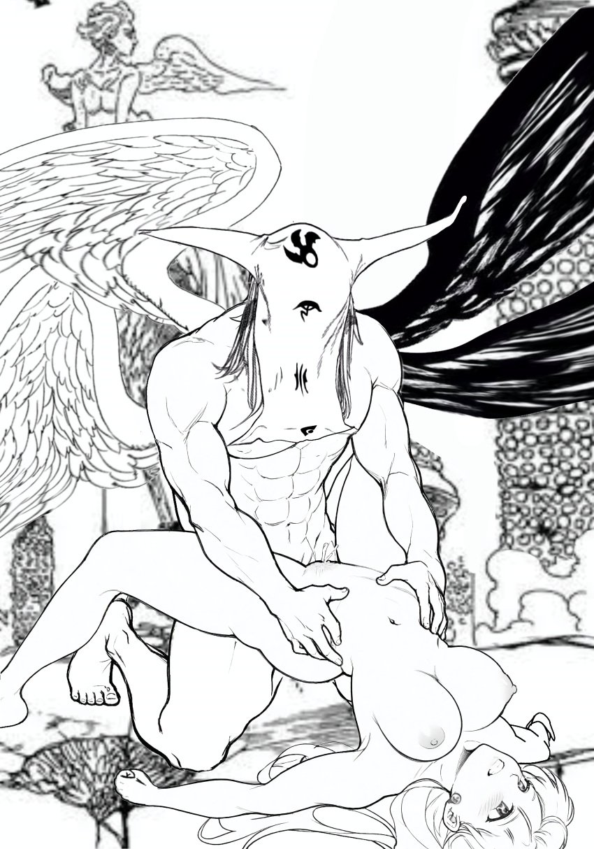 breasts bridge_position corruption cum demon_wings elizabeth_liones estarossa goddess holding_partner mael masked_male monochrome muscular_male naked naked_female nanatsu_no_taizai netorare ntr nude pubic_hair seven_deadly_sins