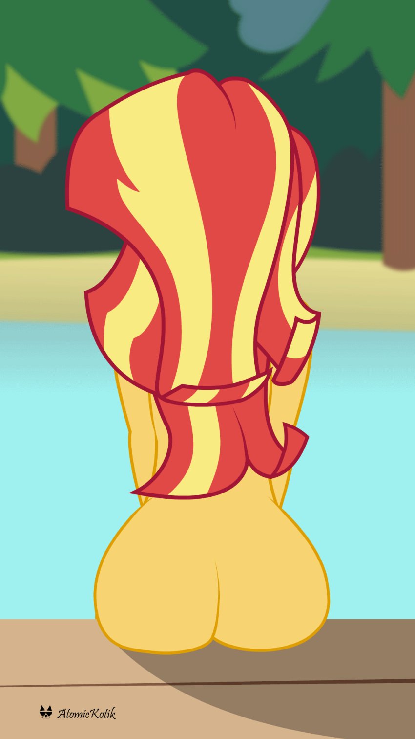 1girls animated ass atomickotik back_view blue_eyes blush casual covering_breasts equestria_girls female friendship_is_magic human looking_back_at_viewer my_little_pony nude nude_female nudist pale_skin pier solo solo_female sunset_shimmer two_tone_hair