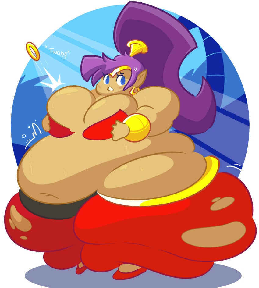 bbw belly_dancer belly_dancer_outfit belly_overhang big_belly big_breasts big_butt blue_eyes bra_snap chubby_face ear_piercing fat fat_folds flabby_arms flabby_legs gauntlets genie half_genie hands_on_breasts hybrid lifelinelemons looking_to_the_side motion_lines obese obese_female obese_humanoid overweight overweight_female overweight_humanoid pointy_ears pointy_shoes ponytail_(hair) purple_hair ripped_clothing shantae shantae_(character) sloshing ssbbw tan_skin thick_thighs tiara vest wide_hips wobbling