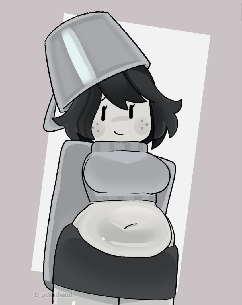 1girls animated black_hair blocky_body blush bouncing_belly bouncing_breasts bucket bucket_hat buckethead_(artist) buckethead_(character) chubby chubby_female female female_focus female_only freckles freckles_on_face gif grey_skin grey_sweater heart heart_symbol long_sleeves mob_face not_porn pillow_shading plump roblox robloxian short_hair smile solo swaying sweater turtleneck