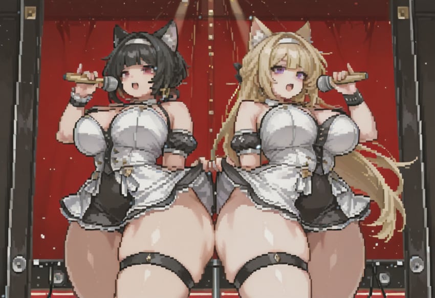 ai_generated astra_yao background big_ass big_breasts black_hair blonde_hair cat_ears duo duo_female evelyn_chevalier hoyoverse idol maid maid_outfit maid_uniform microphone neko performance pixel_art pixelated purple_eyes red_eyes saiyunnart singing stage stage_curtains stage_lights stage_show thick_ass thick_thighs thigh_strap thighs wide_hips zenless_zone_zero