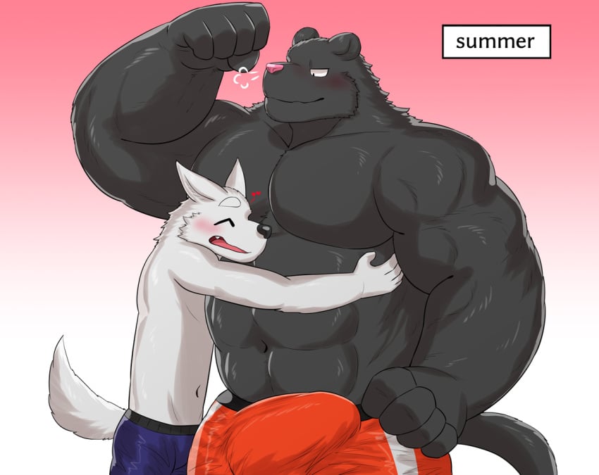 abs anthro biceps black_arms black_body black_chest black_ears black_fingers black_fur black_hands black_pecs black_tail blush bulge canid canine clothed clothing detailed_bulge felid fur genital_outline hug larger_male male mammal muscular muscular_anthro muscular_male navel nullraihigi pantherine pecs penis_outline size_difference tail topless