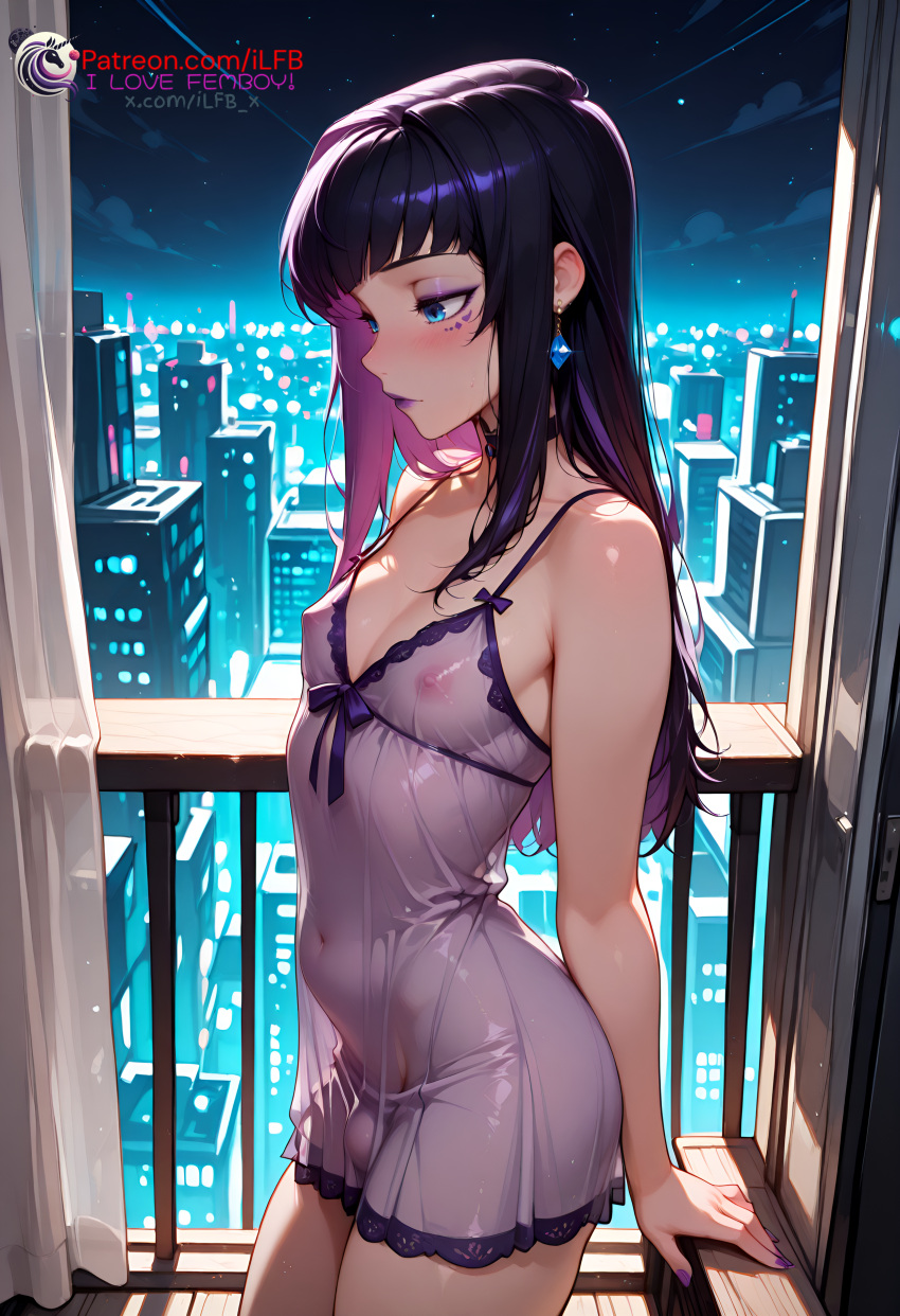 1boy ai_generated black_hair blue_eyes bulge choker dress earrings femboy high_resolution highres ilfb long_hair looking_away looking_down more_at_source night nipples_visible_through_clothing original original_character otoko_no_ko purple_hair small_breasts standing trap