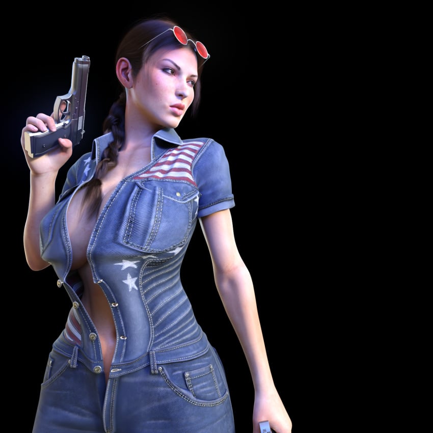 3d big_breasts breast_squeeze brown_hair denim glasses heartist3d jeans lara_croft lara_croft_(classic) ponytail tomb_raider tomb_raider_remastered unzipped unzipped_bodysuit white_skin