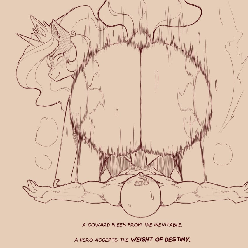 1:1 ambiguous_penetration ass big_butt blush bodily_fluids cold-blooded-twilight dialogue duo english_text equid equine erection eyebrows faceless_character faceless_male female feral fur genitals hi_res horse human looking_back lying male male/female mammal motion_lines nude on_back penetration penile penile_penetration penis pony rear_view sex smile sweat tail text