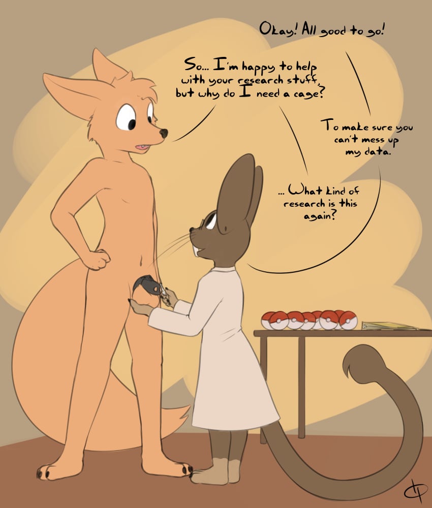 ball_fondling balls chastity_cage dormouse doublepopsicle fox furry gay male male/male nude nude_anthro nude_furry nude_male penis pokeball pokemon scientific_experiment scientist